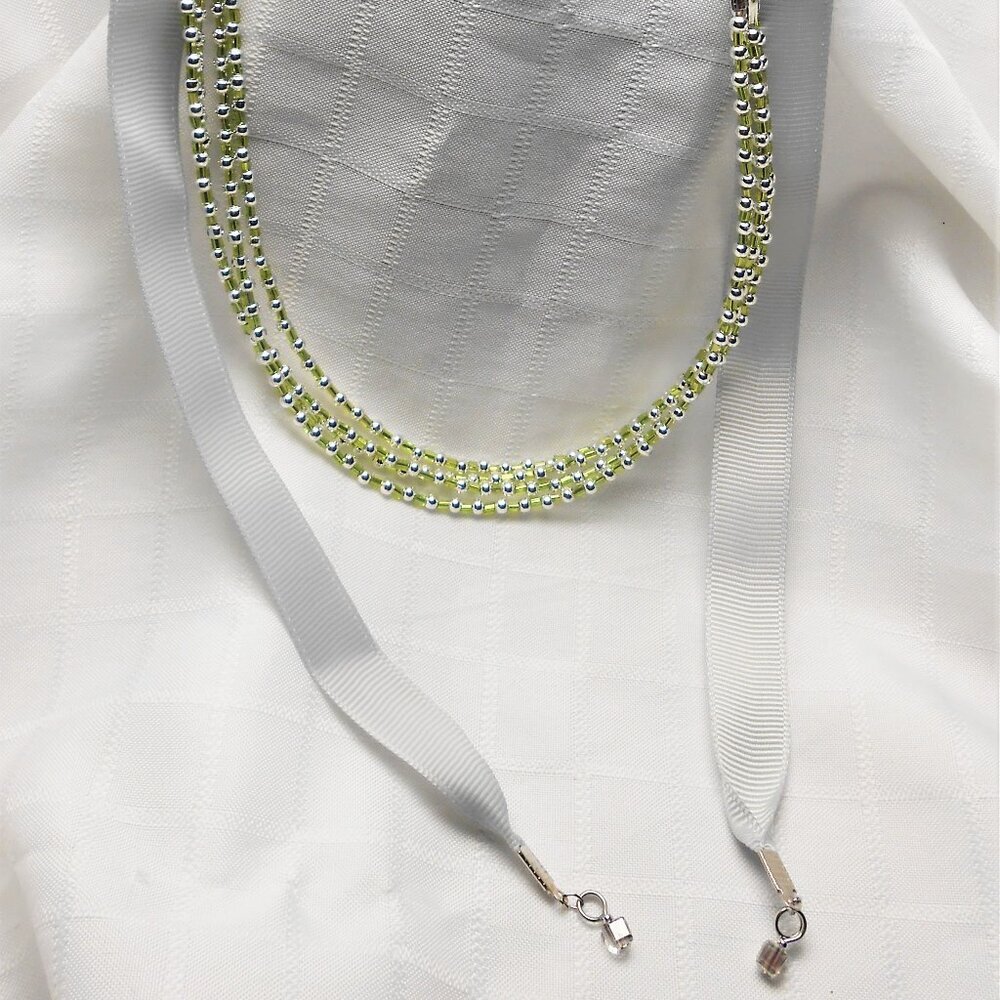 Handmade ribbon necklace with 3mm glass and metal beads - No. 210